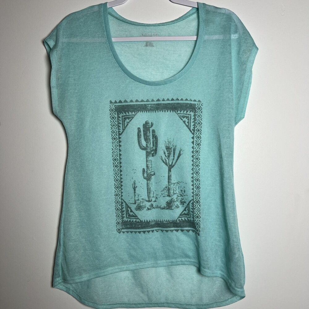 Roper Teal Blue-Green Western Wear Sheer Scoop Neck Top Cactus Graphic women’s M